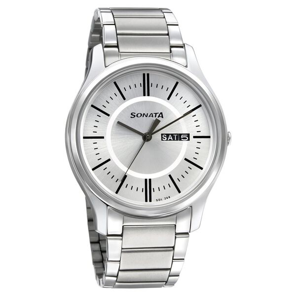Sonata Quartz Analog with Day and Date Silver Dial Silver Stainless Steel Strap Watch For Men - image number 0
