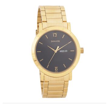 Sonata Quartz Analog with Day and Date Black Dial Stainless Steel Strap Watch for Men