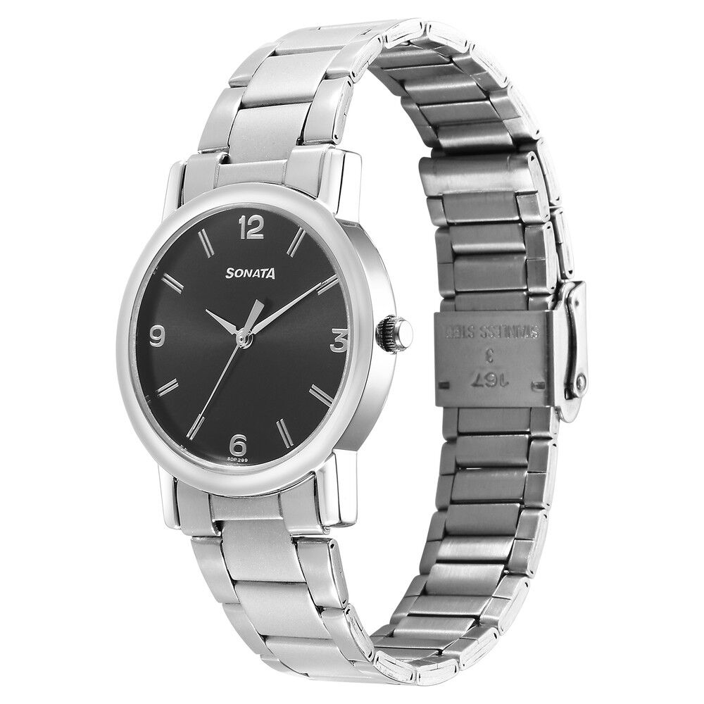 Silver watch with black dial top