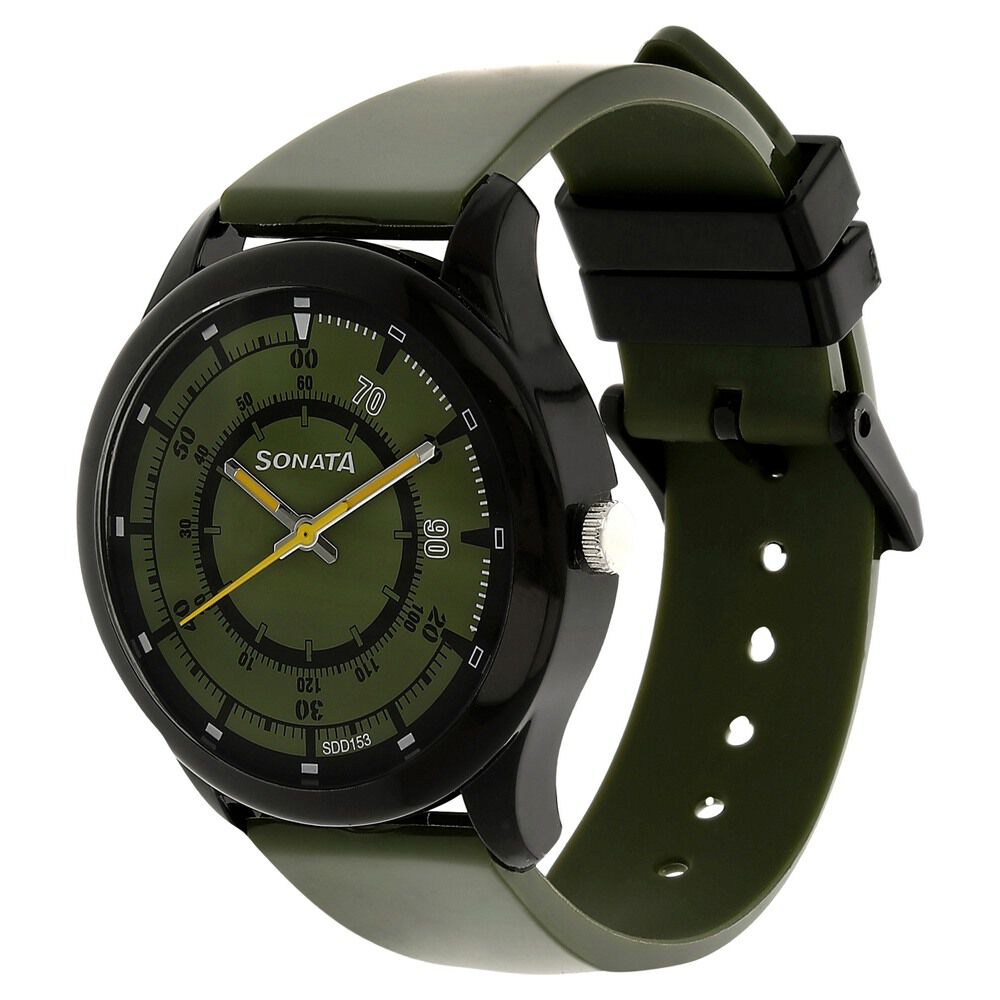 Buy Online SF Quartz Analog Green Dial Plastic Strap Watch for Men nm77007pp01 Sonata