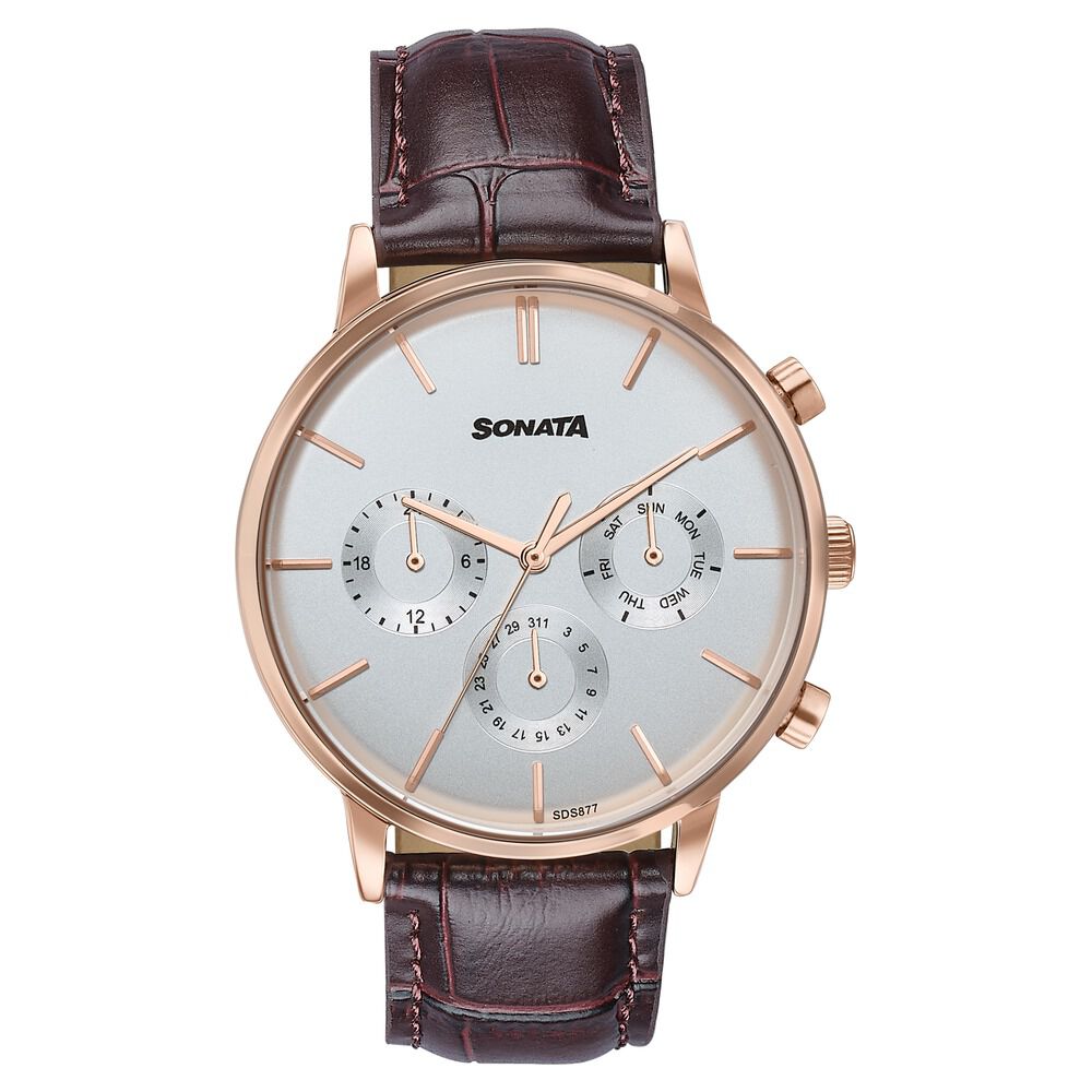Sonata Festive Quartz Multifunction Silver Dial Brown Leather Strap Watch For Men-picture-31