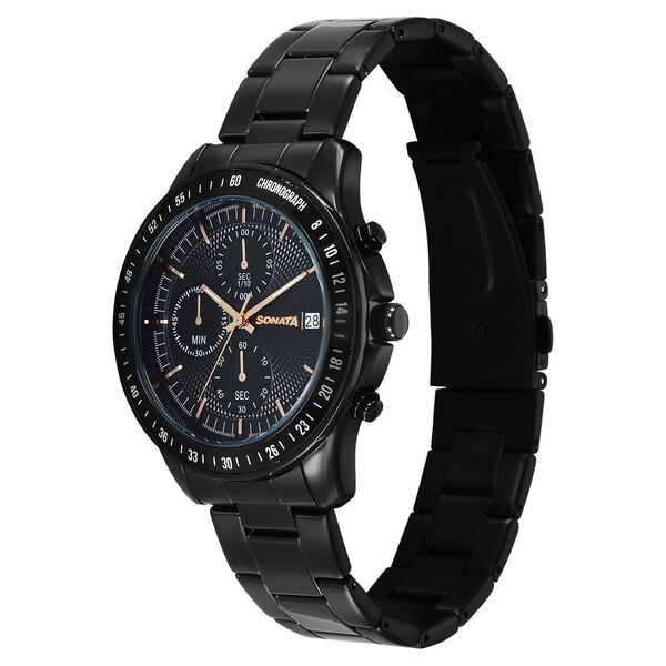 Sonata Chronos Quartz Analog with Date Black Dial Black Colour Stainless Steel Strap Watch For Men - image number 1