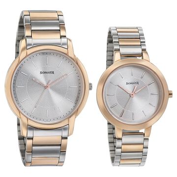 Sonata Quartz Analog Silver Dial Metal Strap Watch for Couple