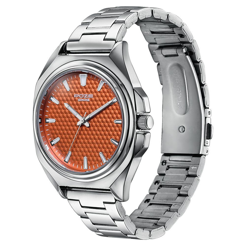 Buy Online Poze By Sonata Quartz Analog Orange Dial Silver Metal