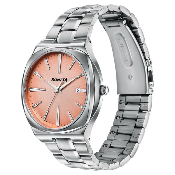 Sonata Festive Quartz Analog Peach Dial Silver Metal Strap Watch For Men - image number 2