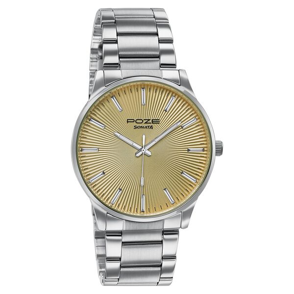Poze By Sonata Quartz Analog Yellow Dial Silver Stainless Steel Strap Watch For Men - image number 2