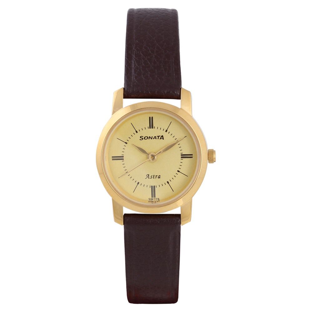 Buy Online Sonata Quartz Analog Champagne Dial Leather Strap Watch for Women ns87018yl01w Sonata