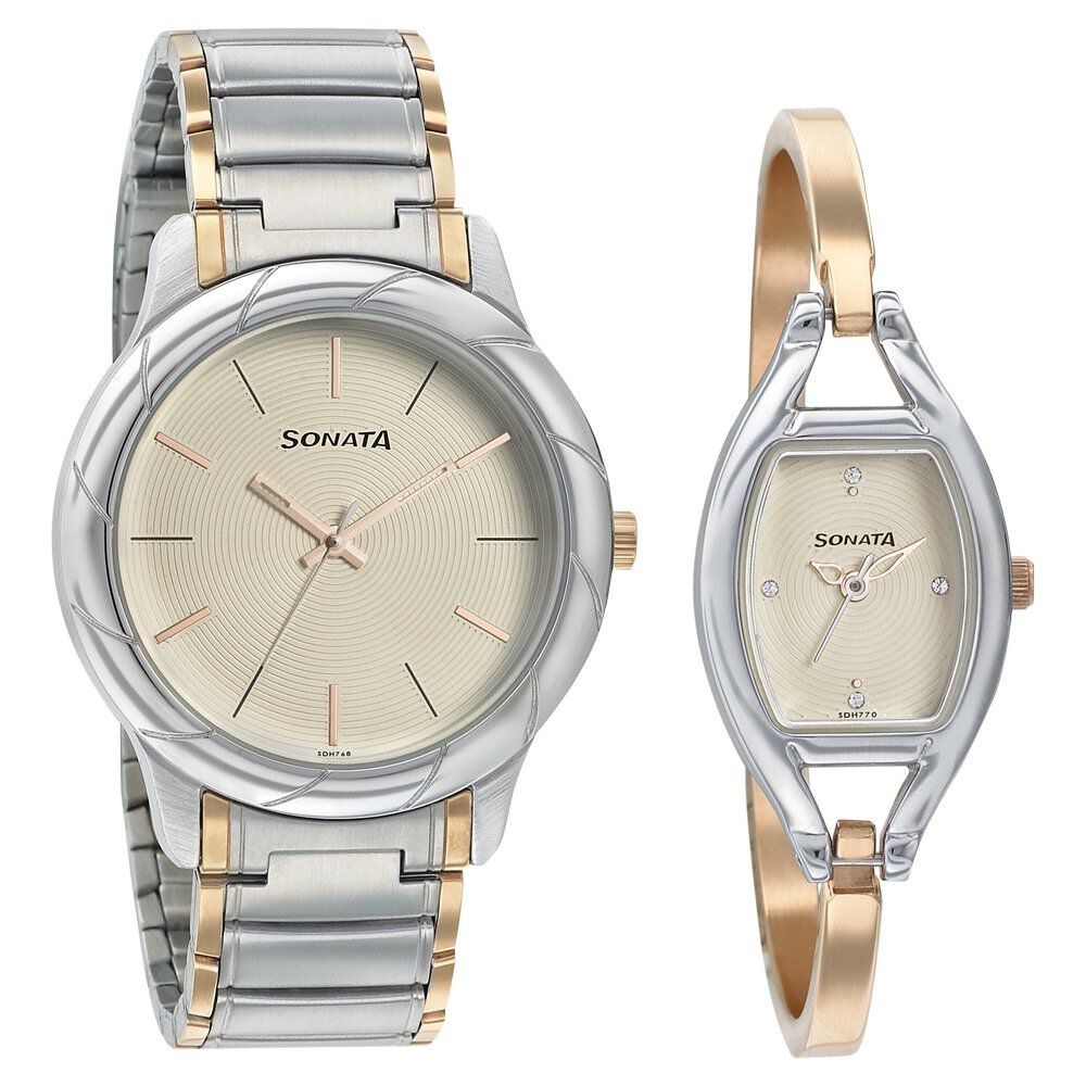Buy Online Sonata Quartz Analog Beige Dial Stainless Steel Strap Watch for Couple 71258114km01 p Sonata