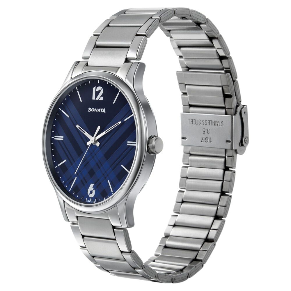 Sonata Smart Plaid Quartz Analog Blue Dial Stainless Steel Strap