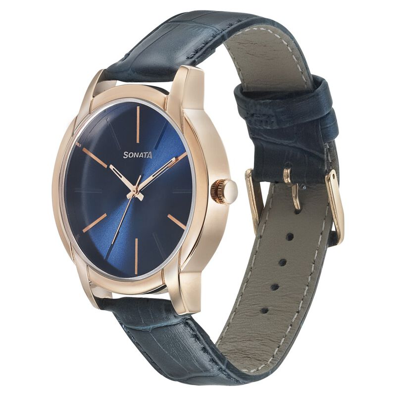 Sonata Beyond Gold Quartz Analog Blue Dial Leather Strap Watch for Men - image number 1