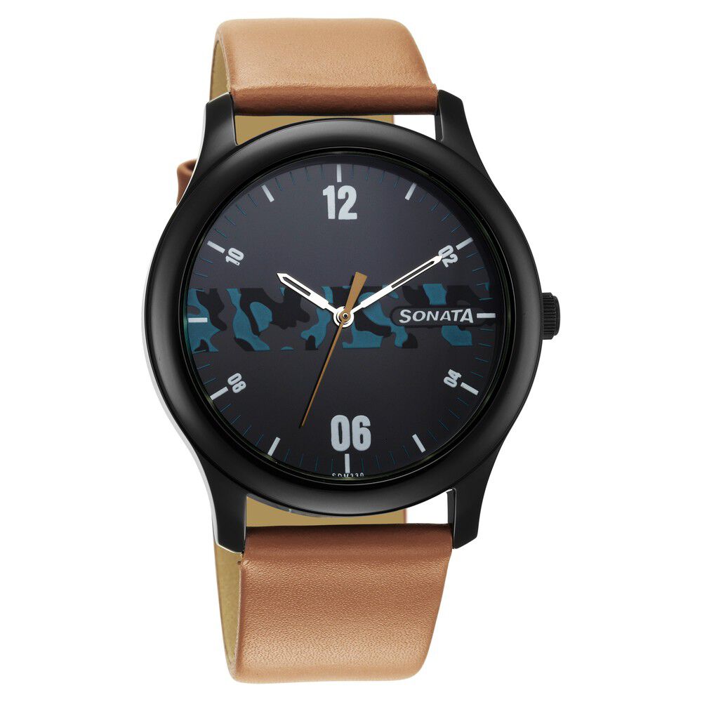 Buy Online Sonata Quartz Analog Black Dial Leather Strap Watch for Men nr77106nl04w Sonata