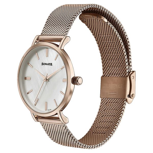Sonata Quartz Analog White Round Dial Rose Gold Stainless Steel Strap Watch For Women - image number 3