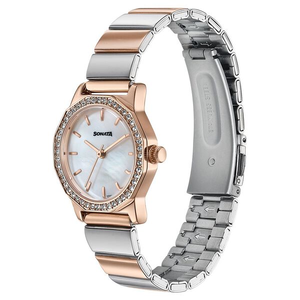 Sonata Festive Quartz Analog Mother Of Pearl Dial Two Toned Metal Strap Watch For Women - image number 2
