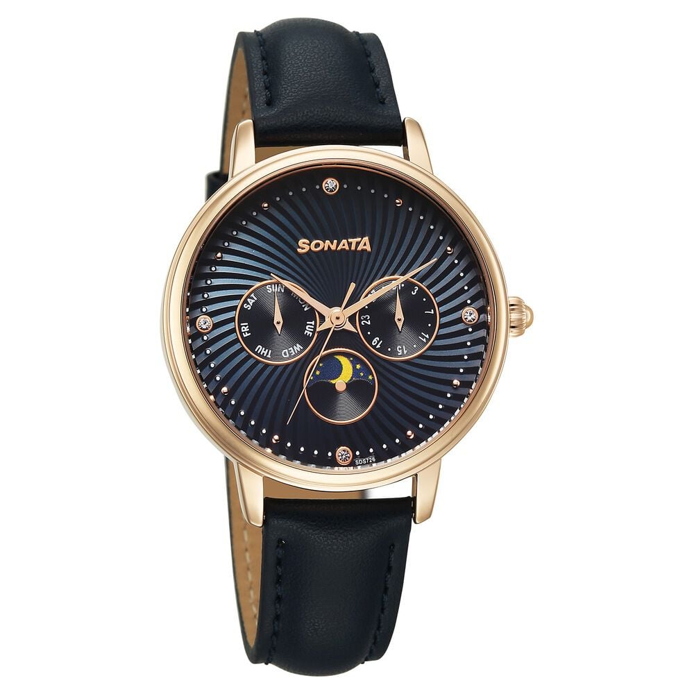 Sonata Festive Quartz Multifunction Blue Dial Leather Strap Watch For Women-image-33