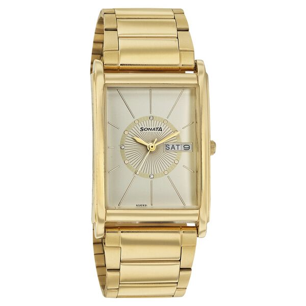 Sonata Quartz Analog with Day and Date Champagne Dial Stainless Steel Strap Watch for Men - image number 0