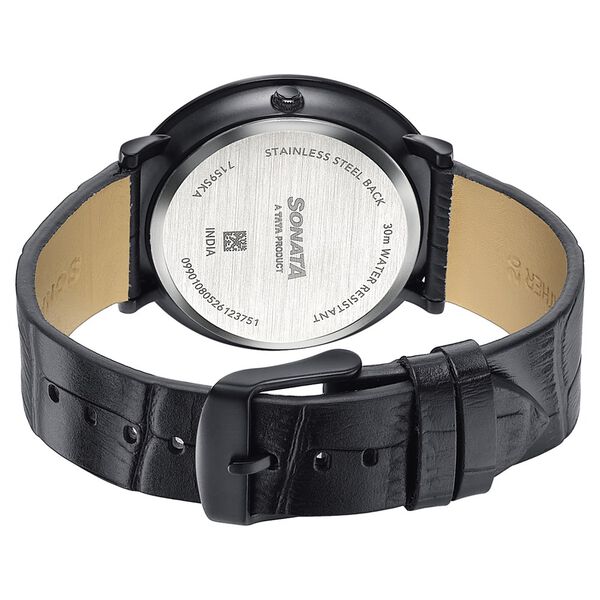 Sonata Sleek Black Dial Silver-Tone Leather Strap Watch - image number 5