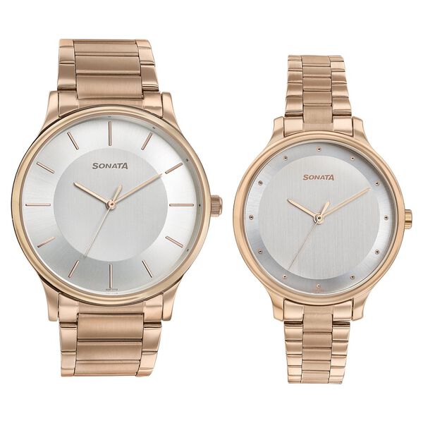 Sonata Modern Bandhan Quartz Analog Silver Dial Stainless Steel Strap Watch for Couple - image number 0