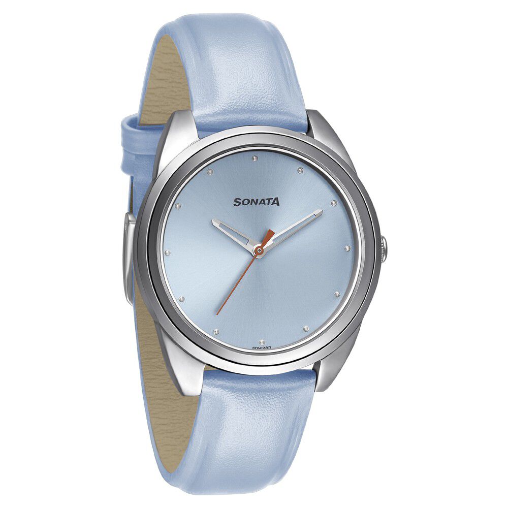 Buy Online Sonata Women of Steel Blue Dial Leather Strap Watch for Women ns8182sl01 Sonata