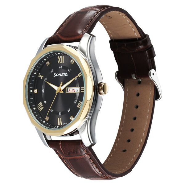 Sonata Wedding Quartz Analog Black Dial Leather Strap Watch For Men - image number 2