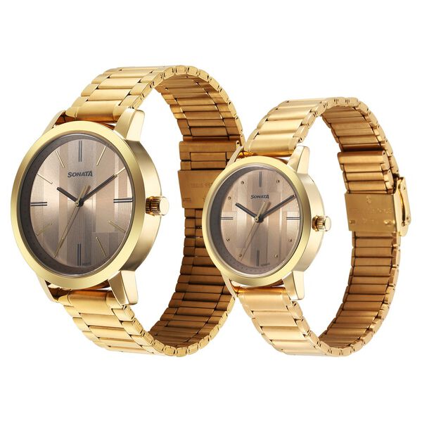 Sonata Alloy Pairs Quartz Analog Brown Stainless Steel Strap for Couple - image number 1