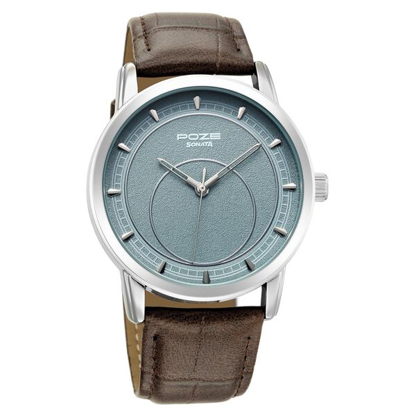 Poze By Sonata Quartz Analog Blue Dial Brown Leather Strap Watch For Men - image number 1
