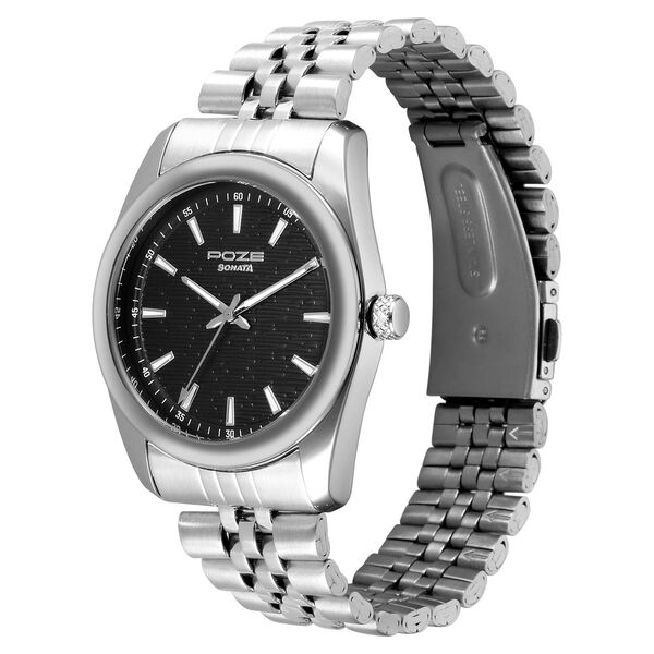 Poze By Sonata Quartz Analog Black Dial Silver Metal Strap Watch For Men - image number 2