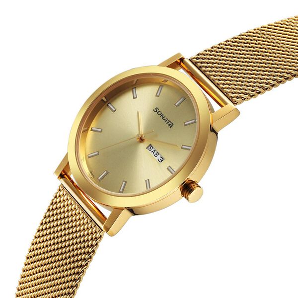 Sonata Utsav Quartz Analog with Day and Date Champagne Dial Stainless Steel Strap Watch for Men - image number 2