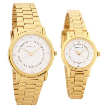 Sonata Quartz Analog with Date White Dial Metal Strap Watch for Couple