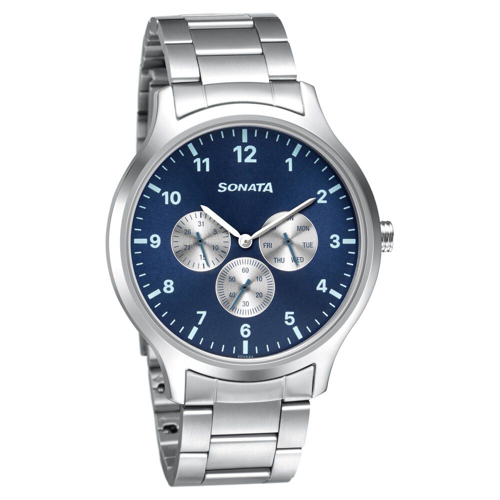 Buy Online Sonata Quartz Multifunction Blue Dial Metal Strap Watch for Men ns7140sm02 Sonata