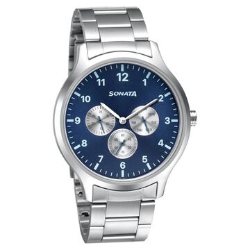 Sonata Quartz Multifunction Blue Dial Metal Strap Watch for Men