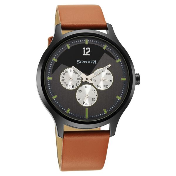 Sonata Force Quartz Multifunction Grey Dial Leather Strap Watch for Men - image number 0