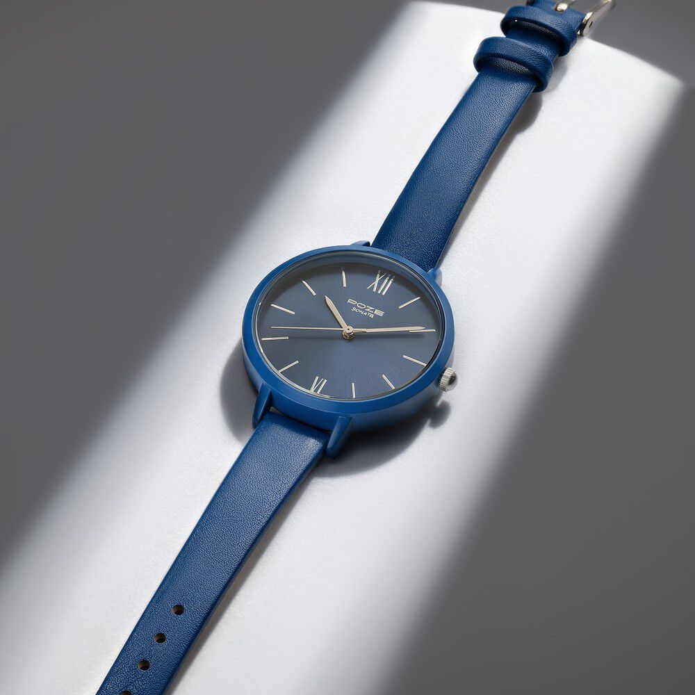 Buy Online Sonata Poze Quartz Analog Blue Dial Leather Strap Watch for Women sp80075kl02w Sonata