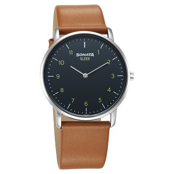 Sonata Sleek Quartz Analog Grey Dial Tan Leather Strap Watch For Men