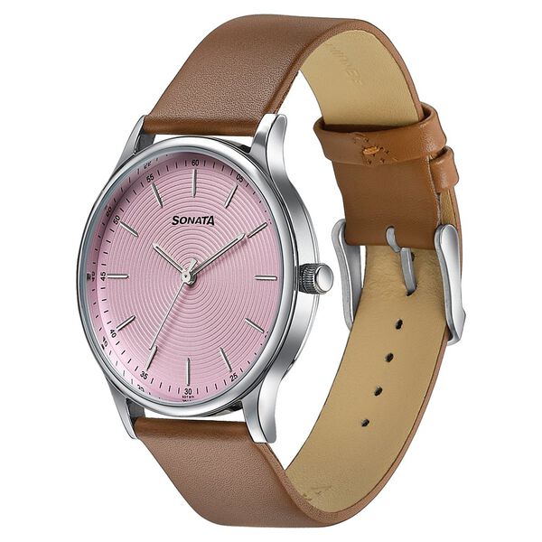 Sonata Aspire Quartz Analog Pink Dial Brown Leather Strap Watch For Men - image number 2