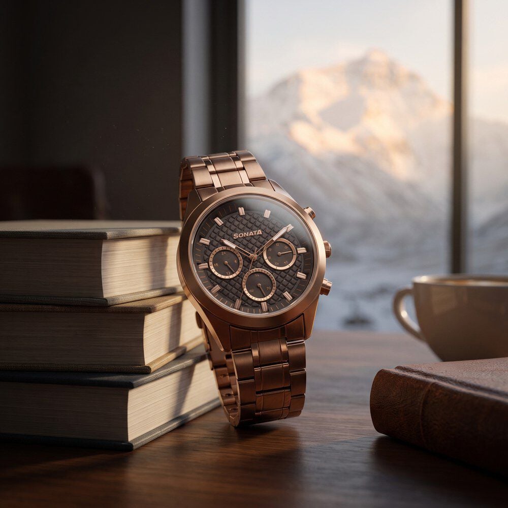 Sonata Summit Quartz Multifunction Brown Dial Brown Metal Strap Watch For Men-image-39
