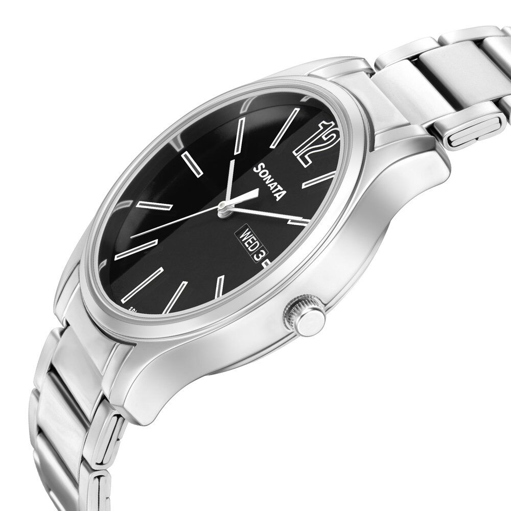 Sonata Quartz Analog with Day and Date Black Dial Stainless Steel