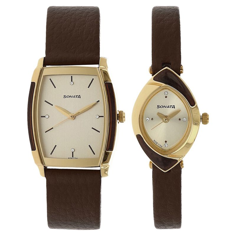 Sonata Quartz Analog Champagne Dial Leather Strap Watch for Couple - image number 0