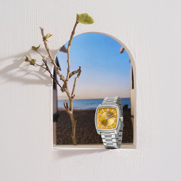 Poze Poze Quartz Analog Mustard Dial Silver Metal Strap Watch For Men - image number 0