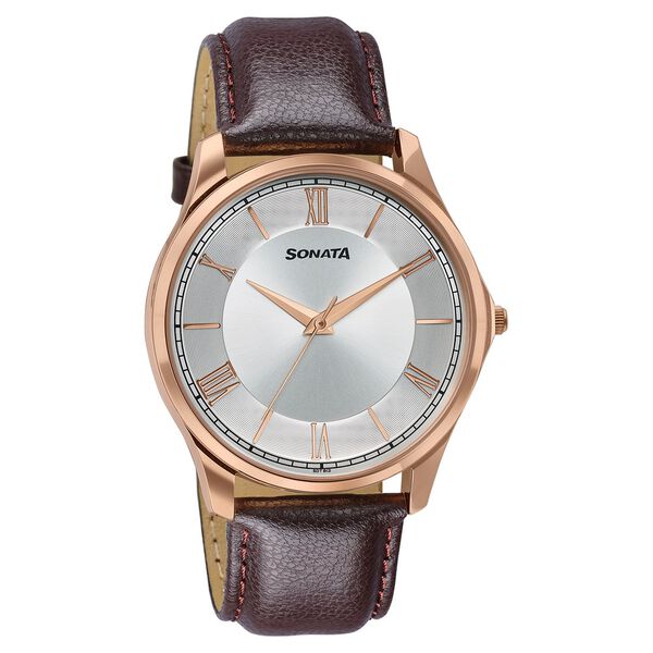Sonata Traditional Essentials Silver Dial, Rose Gold tone case Burgundy Genuine Leather Strap Watch - image number 1