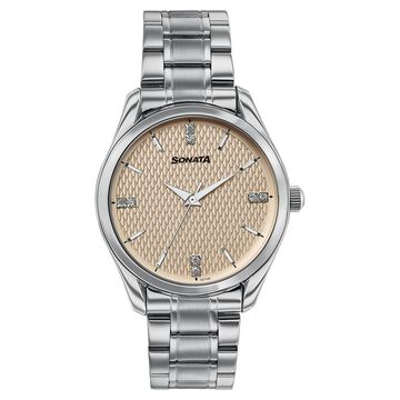 Sonata Jashn Quartz Analog Beige Dial Silver Metal Strap Watch For Men