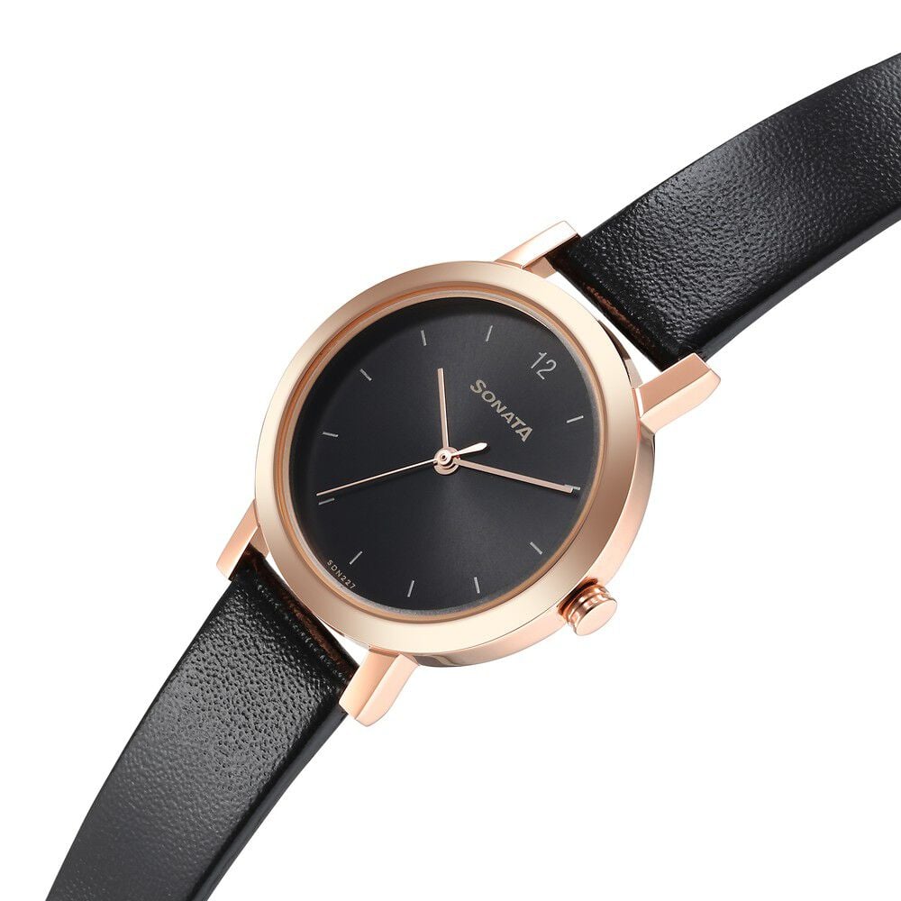 Buy Online Sonata Ladies Essentials Black Dial Leather Strap Watch for Women 8174wl01 Sonata