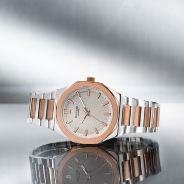 Sonata Poze Quartz Analog Beige Dial Two Toned Colour Stainless Steel Strap Watch For Men