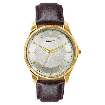Sonata Traditional Essentials Silver Dial, Gold tone case Burgundy Genuine Leather Strap Watch