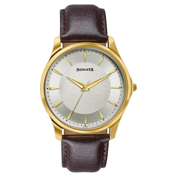Sonata Traditional Essentials Silver Dial, Gold tone case Burgundy Genuine Leather Strap Watch - image number 0