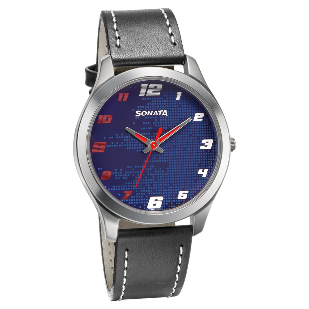 Buy Online Sonata RPM Quartz Analog Blue Dial Leather Strap Watch for Men 77063sl07 p Sonata