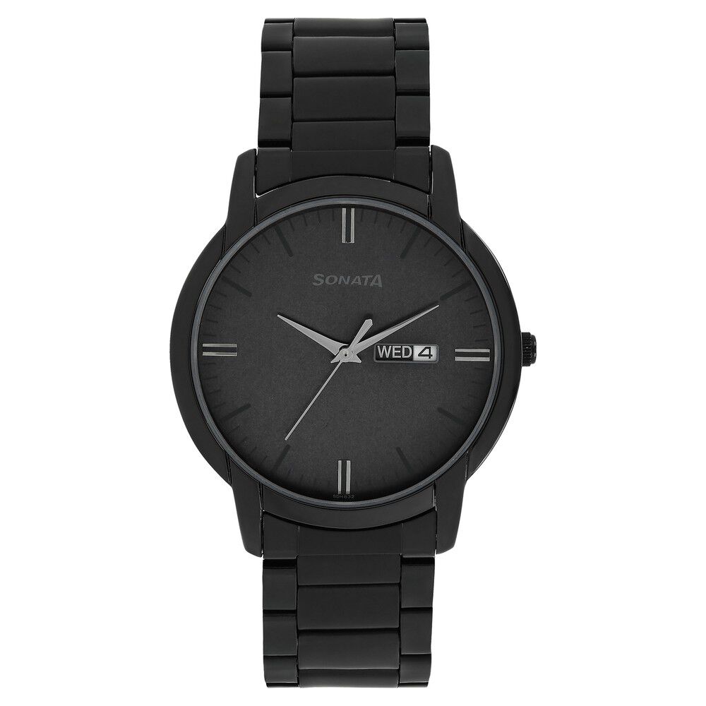 Buy Online Sonata Quartz Analog with Day and Date Black Dial Stainless Steel Strap Watch for Men ns77031nm03 Sonata