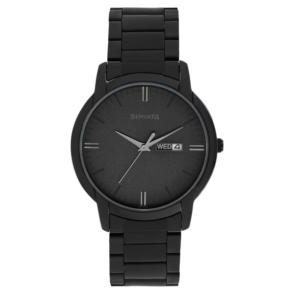 Sonata Quartz Analog with Day and Date Black Dial Stainless Steel Strap Watch for Men - image number 0