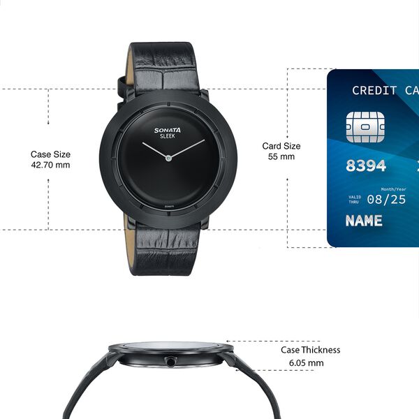 Sonata Sleek Black Dial Black-Tone Leather Strap Watch - image number 3