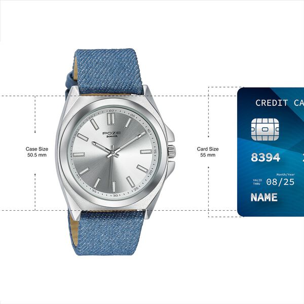 Sonata Poze Quartz Analog Silver Dial Blue Denim Leather Strap Watch For Men - image number 3