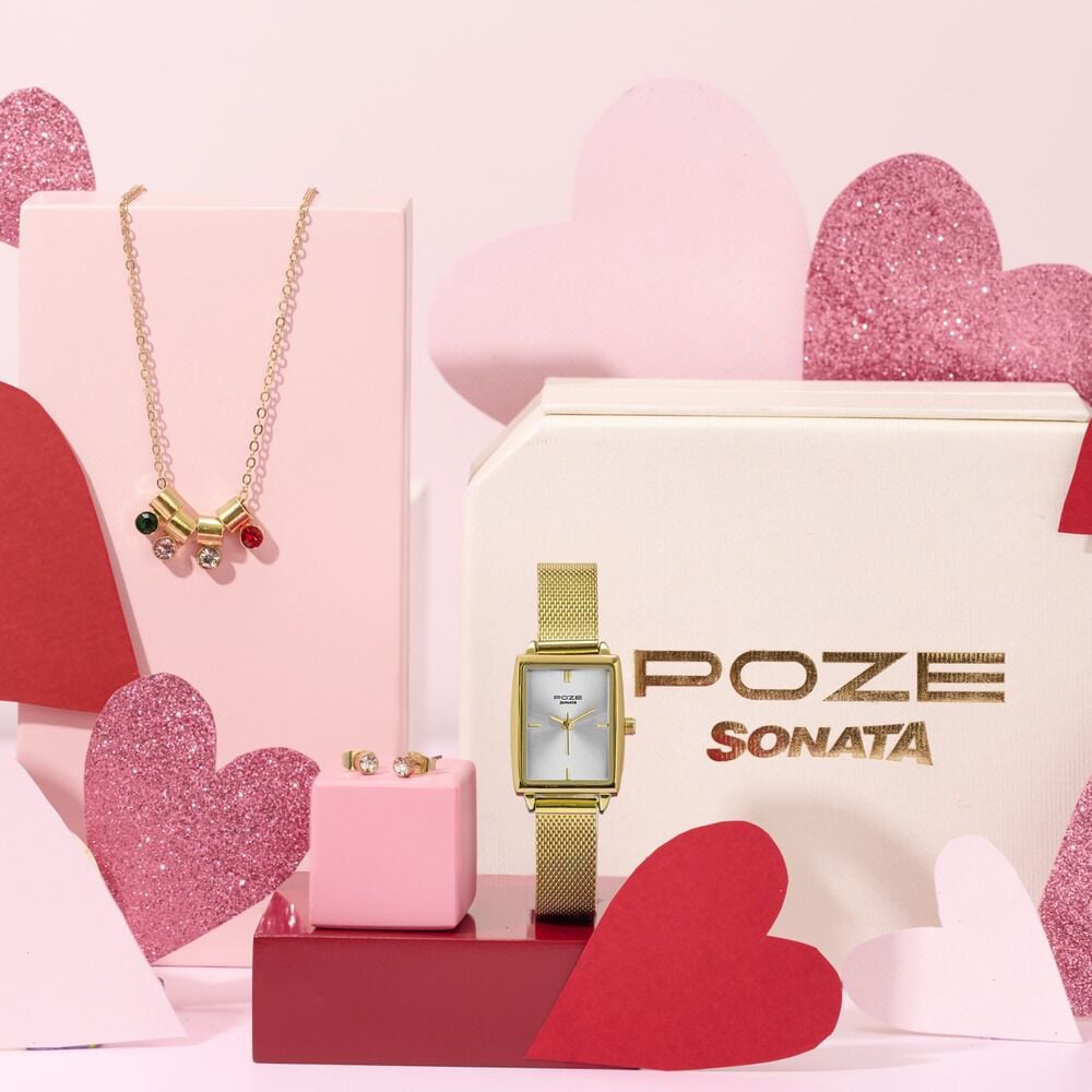 Poze By Sonata Quartz Analog Silver Dial Golden Metal Watch And Jewellery Combo For Women-image-8